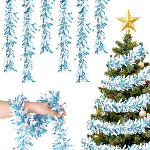 6 Stück x 2M Weihnachten Lametta Girlande, Lametta Girlande Weihnachtsgirlande, Glänzend Weihnachtsgirlande Innen-Und Außen für Weihnachtsbaum Weihnachtsfeier, Lametta Weihnachtsdekoration, Blau/Weiß