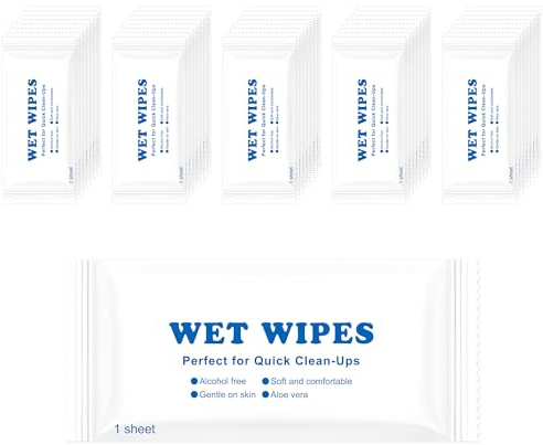 LLHQAMT Lot de 100 lingettes humides de voyage en vrac, emballées individuellement, faciles à transporter, rapides à nettoyer les mains, adaptées pour les restaurants, les barbecues, les voyages, les