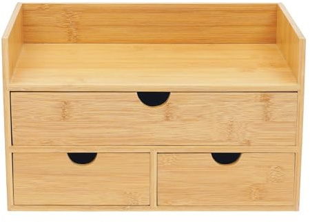 Bambus Schreibtisch Organizer mit 3 Schubladen Naturbambus Aufbewahrungsbox Schubladenbox mit Platzierbare Oberseite Regalkasten Schminkkasten Schreibtischbox für Büro, Wohnzimmer, Schlafzimmer