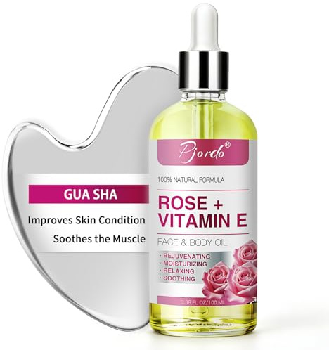 Pjordo Vitamin E Rose Oil & Stainless Steel Gua Sha Facial Tools Set, Gua Sha & Vitamin E Oil for Face & Body, Moisturizing Skin, Relieving Muscle Fatigue & Improving Skin Elasticity