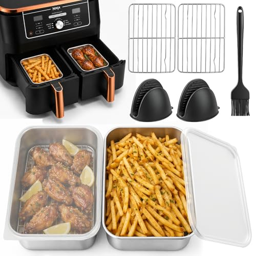 ZaejjaeY 2 Stück Auflaufform mit Deckel aus Edelstahl 304 für Airfryer, Zubehör für Ninja Heißluftfritteuse AF400EU/DZ400EU/AF500EU, Spülmaschinenfest, BPA-frei, Hitzebeständig