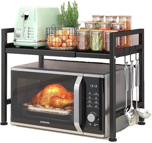 Vaestarpro Soporte de Microondas Ampliable, 2 Niveles de Cocina de Metal Estantes Organizador de la Mestop con 6 Ganchos, Panadero Rack, Plataforma de Microondas, Horno de Microondas Rack (2 Niveles)