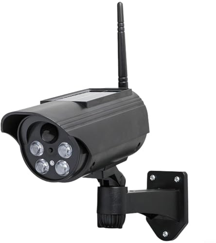 Vibsky Cámara de seguridad falsa alimentada por energía solar, sensor de movimiento de rotación de 360 grados, CCTV simulado con luz roja intermitente, vigilancia de señuelo resistente a la intemperie