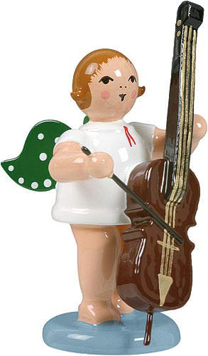 KDE Ellmann Engel mit Bassgeige - 6,5 cm - grüne Flügel - Weihnachtsengel Erzgebirge