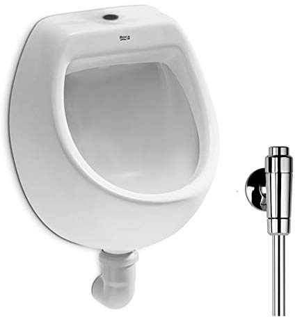 VBChome Urinal Roca Zulauf Oben Weiß Modern Hochwertig Keramik Pinkelbecken senkrecht Pissoir Mini + Spülventil Urinalspüler Druckspüler Schellomat
