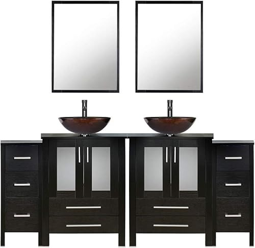 UEV 72 Black Bathroom Vanity and Glass washbasin,0.5 Tempered Glass washbasin,Bathroom Vanity Top,Round Glass Bowl(Brown),Removable Side Vanity,Mirror Not Included