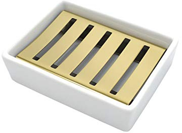 Lofekea Ceramic Soap Dish Gold Stainless Steel Soap Holder for Shower and Bathroom Double Layer Draining Soap Box