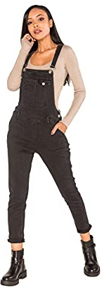Nina Carter Dam hängselbyxor jeans pojkvän denim overall jumpsuit använd look sommar overall, Svart (S512-1), XL