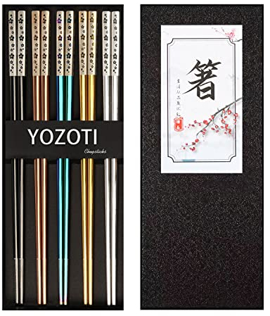 YOZOTI Edelstahl-Essstäbchen, wiederverwendbare Essstäbchen, 5 Paar spülmaschinenfeste Metall-Essstäbchen, einfach zu bedienen, quadratische leichte Essstäbchen, Geschenkset (mehrfarbig)