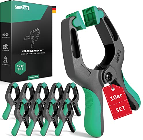 SMABIX® Klemmzwingen 10er Set für Leimen, Pool, Fotografie mit großer Spannweite und hoher Spannkraft, Federklemmen, Leimzwingen, Klemmzwinge [Designed in Germany]