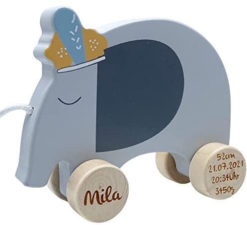 Nachziehtier Elefant - personalisierbar I Handmade Holzspielzeug ab 1 Jahr I Tryco Baby Spielzeug aus Holz I Personalisierte Geschenke Baby I Holz Ziehtier mit Name & Geburtsdaten