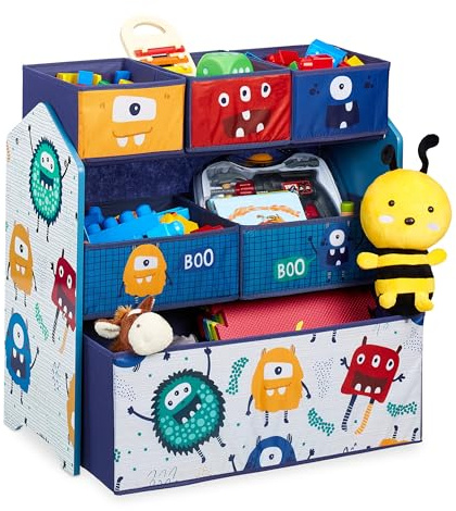 Relaxdays Kinderregal mit 6 Stoffboxen, Monster Design, HxBxT: 66 x 63,5 x 30 cm, Spielzeugregal fürs Kinderzimmer, bunt