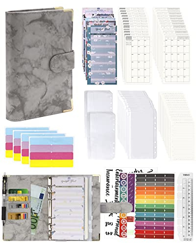 A6 Binder Budget Planner Notizbuch - 92pcs Leder Ringbuchordner Set, 6 Löcher Loseblatt Notebook Ordner Geld Sparen Mappe mit Budgetkarte/Kalender Karte/PVC Tasche/Refill Paper/Etikettenaufklebern