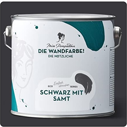 MissPompadour abwaschbare Wandfarbe Schwarz mit Samt 2,5L - hohe Deckkraft & Ergiebigkeit - matte, scheuerbeständige Innenfarbe - geruchsarm, wasserbasiert, atmungsaktiv - Die Nützliche