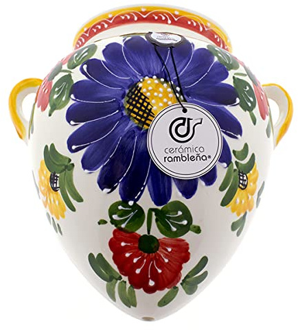 CERÁMICA RAMBLEÑA | Maceta Colgante orza | Maceta de Barro para Colgar | Maceta Pared orza Decorado Flores - Modelo D123 | 100% Decorada a Mano | 25x17x28 cm
