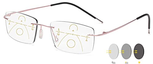 VEVESMUNDO Selbsttönende Gleitsicht Lesebrillen Herren Damen Metall Titan Blaulichtfilter Progressive Multifocus Gleitsichtbrillen (1 Stück Roségold, 1.5)