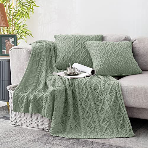 Homiest Cable Knit Throw Blanket and Pillow Set, Sage Green Set of 3, Knitted Throw (50x60) & 2 Pillow Covers (18x18), Soft & Cozy Decorative for Couch Bed Sofa
