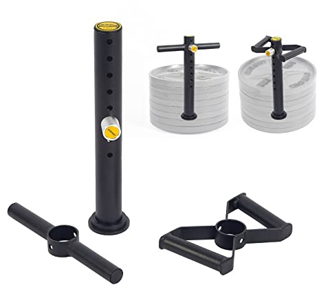 RISINGFIT Mango de pesas rusas ajustable, mango resistente para platos, pasador de carga con doble barra en D y barra en T para discos de peso olímpicos, soporta hasta 200 libras.