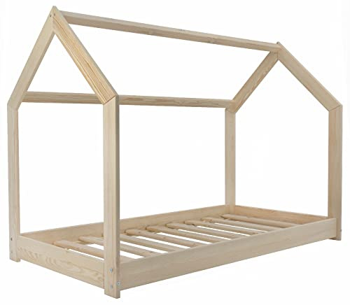 Velinda Lit Maison en Bois de pin Naturel Brut 160x80 cm
