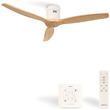 CREATE / WINDCALM M/Deckenventilator ABS Weiß Hellesholzflügel-Optik mit Fernbedienung und Wandschalter / 40W, Leise, Ø132cm, Timer von 1 bis 4 Std., DC-Motor, Sommer-Winterbetrieb