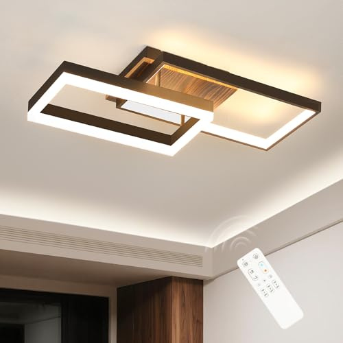 OTREN LED Deckenleuchte Holz Dimmbar, 66CM Massivholz Schwarzer Rahmen Retro Deckenlampe, 42W Wohnzimmerlampe für Schlafzimmer Flur Esszimmer KüChen Büro, Memory-Funktion, 3000K-6500K, Rechteckig