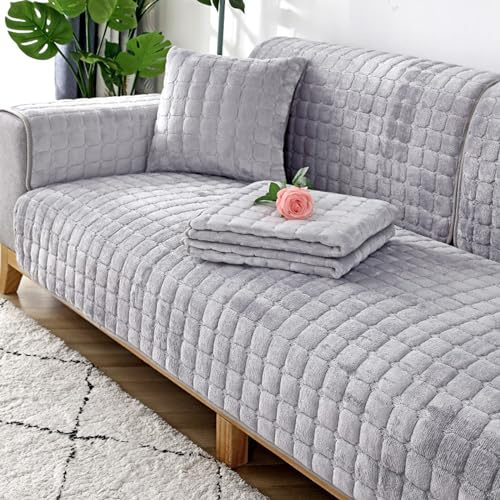 TOPCHANCES Samt Sofabezug 1 2 3 4 Sitzer,Sofabezüge Ecksofa L Form,Sofaschoner rutschfest Überwurf Flanell Sofa Überzug Pets Sesselschoner Für Wohnzimmersofa (Hellgrau,90x160cm 1Stück)