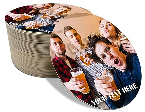 Personalised Beer Mats Photo Coasters Drinks Mats - Pack of 48 Round - Home Bar Accessories Pub Man Cave Gifts - Add Photo and Text