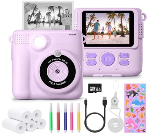 FUNKAM Appareil Photo Enfant Instantanée - 2,4 HD 1080P - avec Carte SD 32 GB, 5 Marqueurs, Autocollants, 5 Rouleaux de Papier, Pendentif. Appareil Photo Enfants et Filles de 3 à 14 Ans.