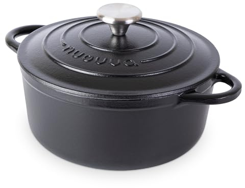 Nuovva Enamelled Cast Iron Dutch Oven Pot with Lid – 3.1 Quart Casserole Dish – Ceramic Dutch Oven for Bread Baking, Roasting, Braising & Stews – Oven Safe up to 500°F – 22cm Black
