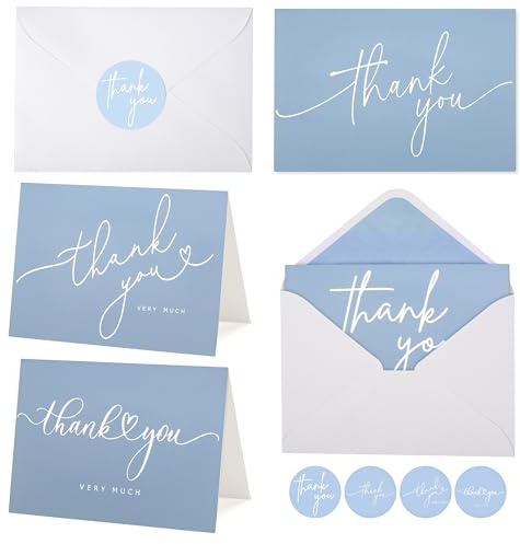 100 Bulk Light blue Thank You Cards with white Envelopes and stickers - 4 Minimalistic Designs Blank Thank You Notes with Envelopes for business Wedding Bridal Gift Baby Shower Business Graduation