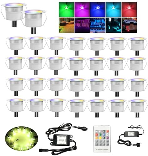INDARUN 30er Set LED Bodeneinbauleuchten Aussen RGB Ø45mm Terrasse Einbaustrahler, Led Terrassenbeleuchtung IP67 Wasserdicht Boden Licht für Küche Garten Treppen