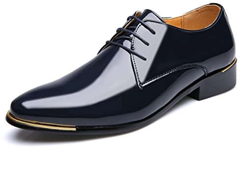 Kanggrei Zapatos de Vestir Brillantes for Hombres con Cordones y Punta Redonda Derby Zapatos de Charol bajo Antideslizante Antideslizante Baile de graduación