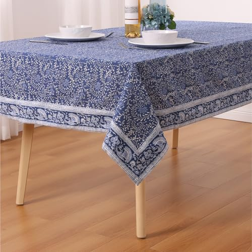 JEMIDI bomullsbordsduk rektangulär – Oeko-Tex-certifierad 180 GSM bordsduk – handgjord maskintvättbar och återanvändbar bordsduk – 140 x 240 cm (55,1 x 94,5) – blommönster blå