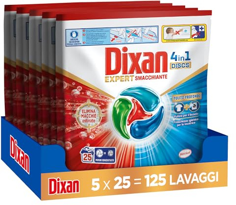 Dixan DISCS 4in1 Expert Smacchiante Detersivo Lavatrice, 5 confezioni da 25 Lavaggi, Capsule lavatrice per pulizia profonda del bucato e freschezza igienica per lavatrice, Rimuove le macchie da 20°C