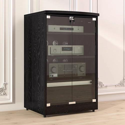GUAWJRZDP Audio Rack Hi Fi Regal mit Stauraum, Phonoschrank Mit Verstellbaren Regalen, Plattenspieler Regal mit Glastüren, Holz Hi Fi Regal mit Klappdeckel(Nero,3-Tier)