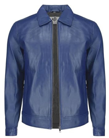 TLC Echtlederjacke für Herren, weiches Polokragen, echtes Lammfell, braun-hellbraune Lederjacke im klassischen Vintage-Stil, Blau, Small