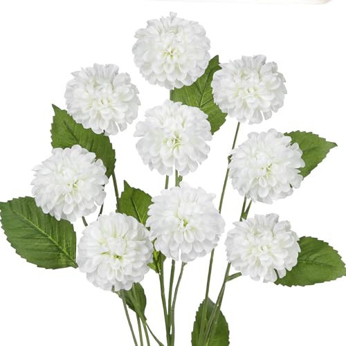 Hollyone Weiß Künstliche Dahlien Deko Kunstblumen Zweige mit 9 Blütenkopf, 3PCS Dahlie Blumenarrangement Langen Stiel Gefälschte Blume für Vase Tabelle Mittelstücke Hochzeit Home Dekoration