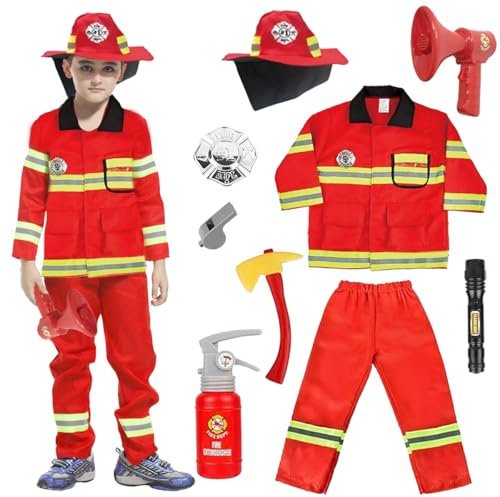 XLZJYIJ Costume de Pompier pour Enfants, Deguisement Pompier Enfant, Set de Costume de Deguisement Pompier, Jouet Pompier Accessoires Jeu de Rôle pour Carnaval Halloween Enfants Garçons Filles