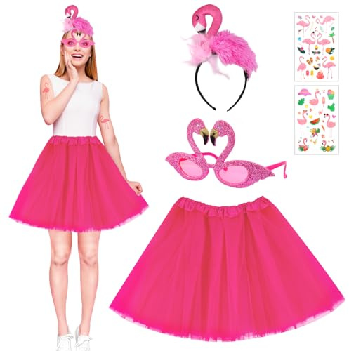SelfTek Karneval Flamingo Kostüm Damen, Flamingo Haarreif, Flamingo Accessoire, Flamingo Brille, Haarreifen Kostüm für Hawaii Party Karneval Fasching Sommer Party