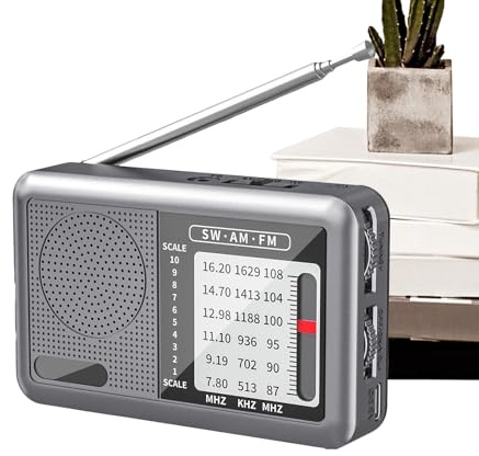 Radio portátil Recargable Genérico | Radio portátil de Onda Corta AM/FM/SW con Recepción de Espectro Completo, Multifuncional, Batería Recargable, Gris