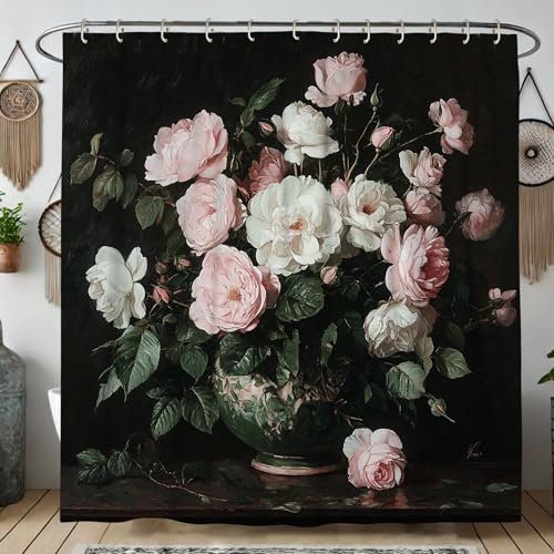 Rose Floral Shower Curtain, Blush Peach White Flowers Shower Curtain for Bathroom Decor, Spring Modern Vintage Elegant Waterproof Fabric Shower Curtain with Hooks 72x72 Inch