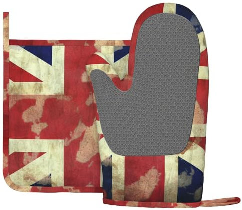 2 Piece Silicone Oven Mitts and Pot Holders Set Heat Resistant Oven Gloves and Potholders BBQ Gloves Hot Pads Vintage Union Jack British Flag Cooking Gloves for Kitchen Baking Grilling
