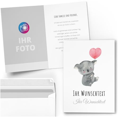 10 PERSONALISIERTE Einladungskarten für Geburtstag Hochzeit Kommunion Konfirmation Jugendweihe Einladung Karten mit eigenem Text und Foto 04 Herz Koala