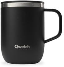 QWETCH - Återvunnen isolerad mugg i rostfritt stål med handtag - svart 350 ml - isolerad kopp kaffe och te - 6 timmar varm och kall 12 timmar - stänksäker glidande lock och kompatibel med infusioner