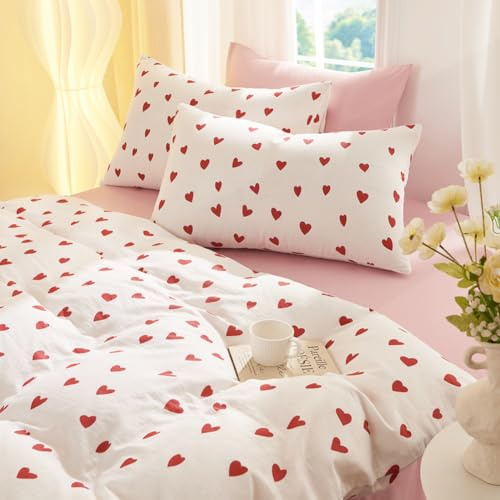 Covebett Doppelte Musselin Bettwäsche 135x200 cm Baumwolle Rot Herzen Herz | Bettbezug Set 2teilig, Herzchen, Mädchen, Romantisch, Aesthetic, ÖKO-TEX, Atmungsaktiv, 1 Kissenbezug 80x80, Reißverschluss
