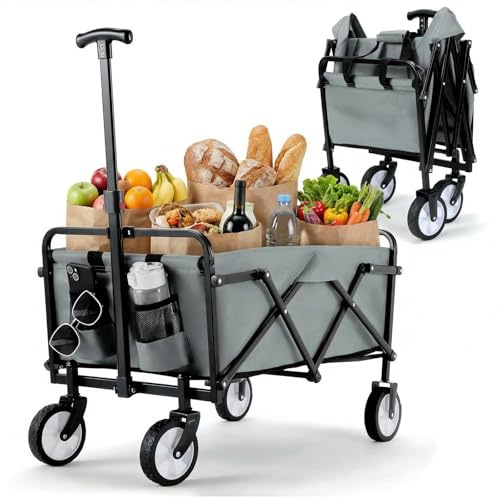 Chariot de Plage Pliable Poignée Réglable Chariot de Jardin Chariots de Transport pour Transport, Plage, Camping, Courses, Chariot de Jardinage Chariot à roulettes avec Jusqu’à 60KG (Gris)