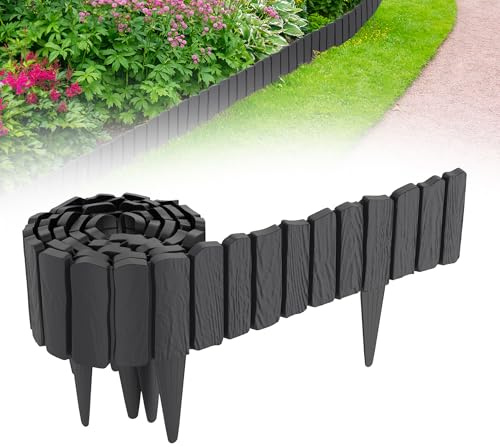 QEENTOE Bordure de pelouse en plastique de 4,8 m - Avec aspect bois et piquets de 10 cm - Bordure de tonte pour jardin, bordure de parterre anthracite - Palissade au design bois anthracite