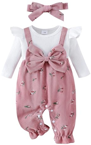 XIXIMAON Baby Girl Fall Winter Outfits Bow Decor Floral Long Sleeve Jumpsuit Knitted Corduroy Rompers Ribbed Bodysuit With Headband Infant Girls Cute Clothes
