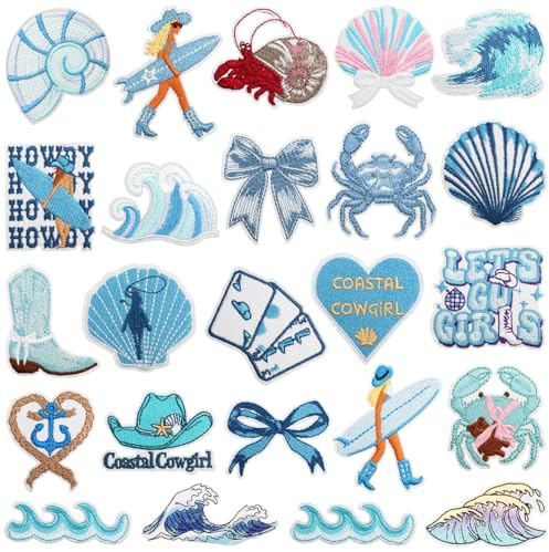 DAVBNM 24Pcs Coastal Cowgirl Iron On Patches, Summer Ocean Embroidered Blue Patches for Girls, Heat Press Embroidery Patch for Clothes Dress Pants Hats Jeans Beach Bags