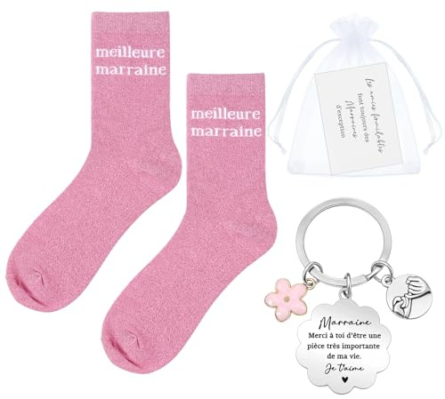 Hestya Set de 4 Pièces Cadeau Marraine Annonce Grossesse Tata Cadeau Tata Chaussettes Paillettes Porte-Clés Carte Demande Marraine avec Sac pour Annonce Demande Noël Baptême Anniversaire